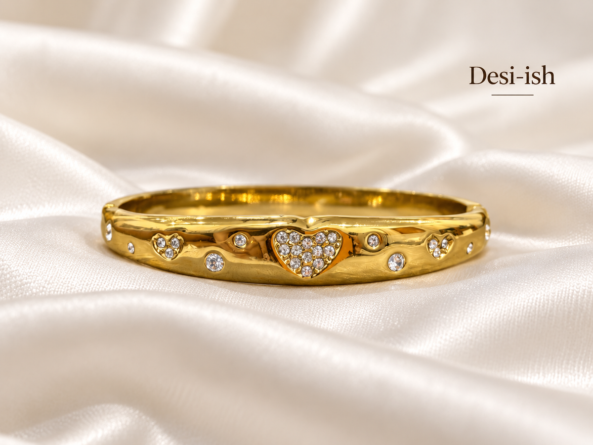 Crystal heart anti-tarnish kada front view on white satin
