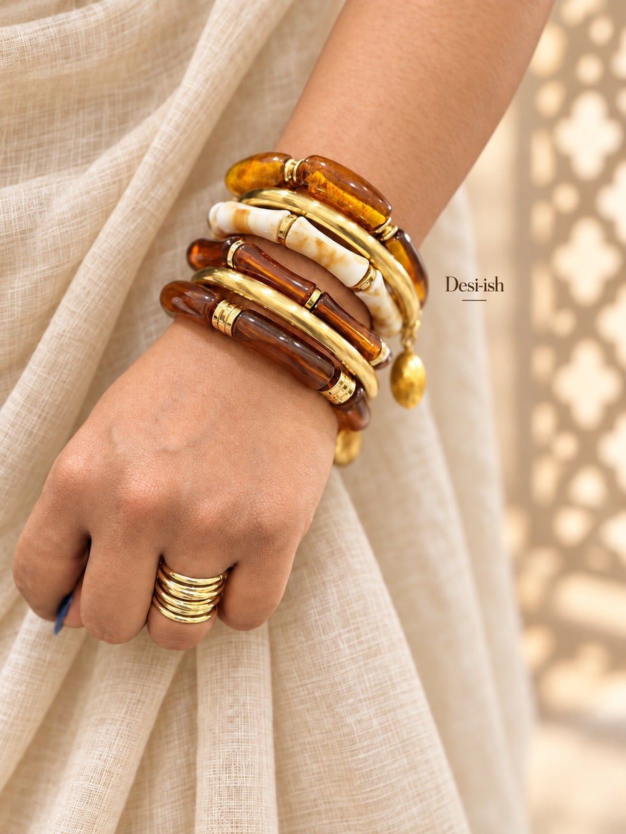 Desi-ish amber and ivory resin statement stack of 6 bangles