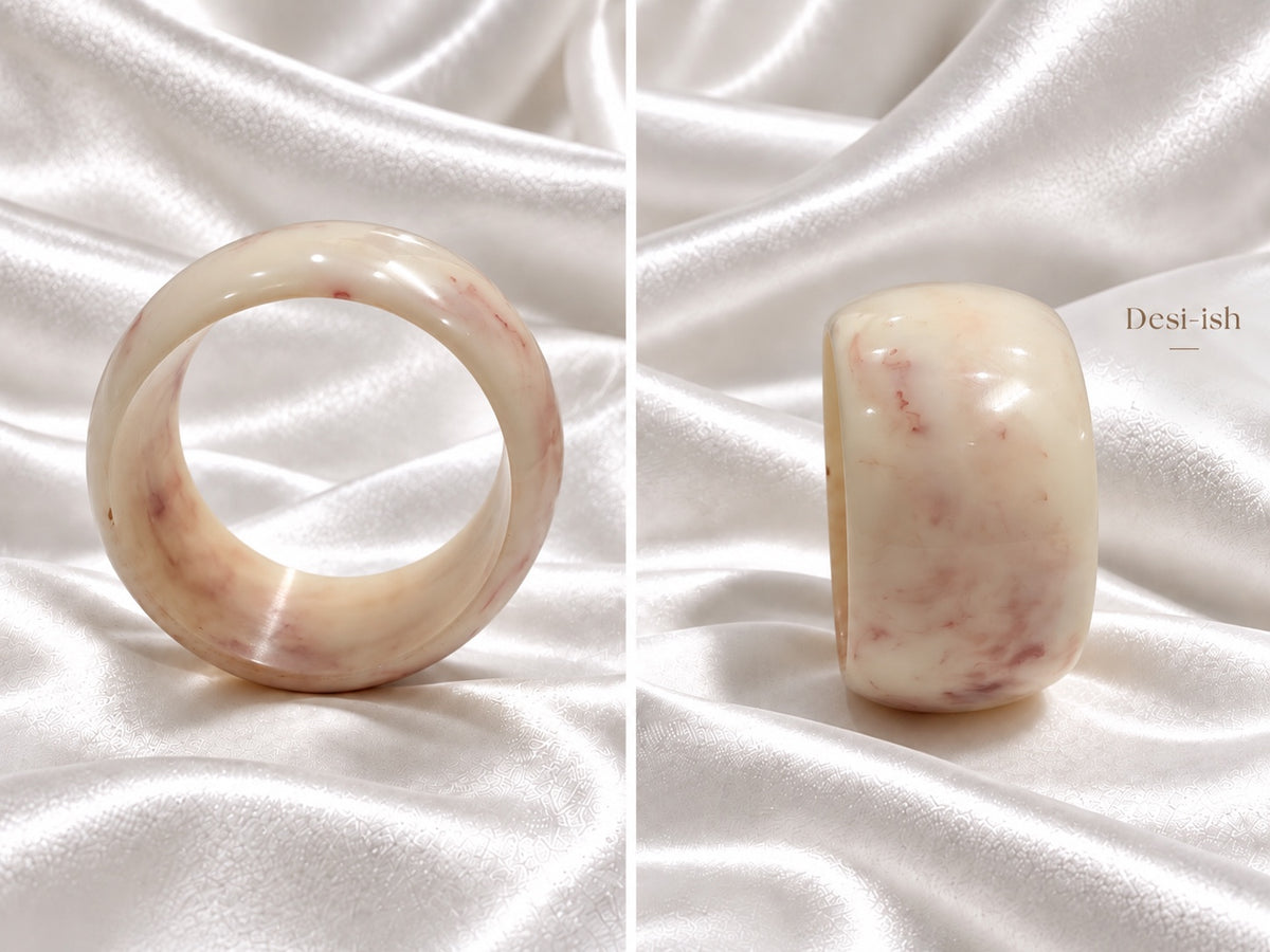 Desi-ish chunky marbled resin bangle in Blush Ivory, front and side views