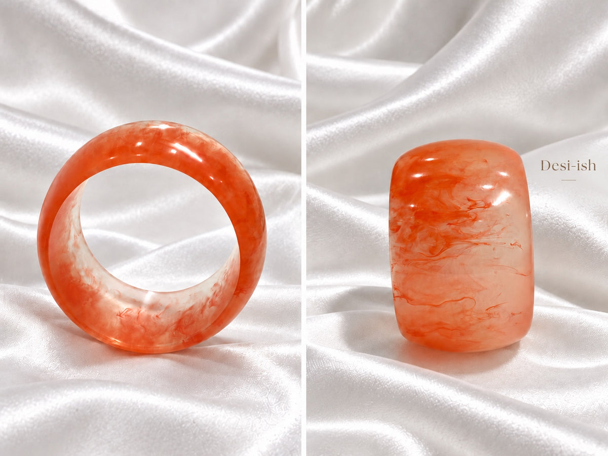 Desi-ish chunky marbled resin bangle in Coral Orange, front and side views