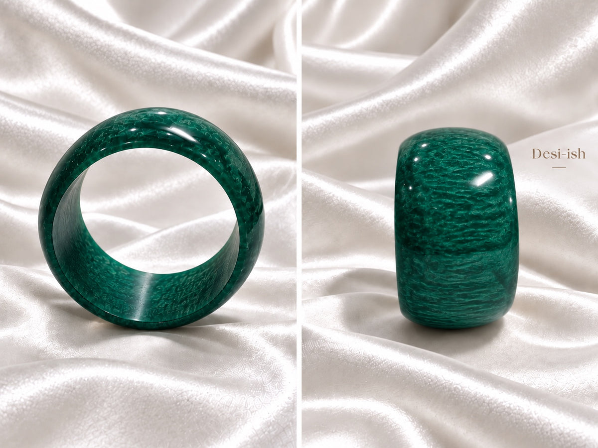 Desi-ish chunky marbled resin bangle in Emerald Green, front and side views