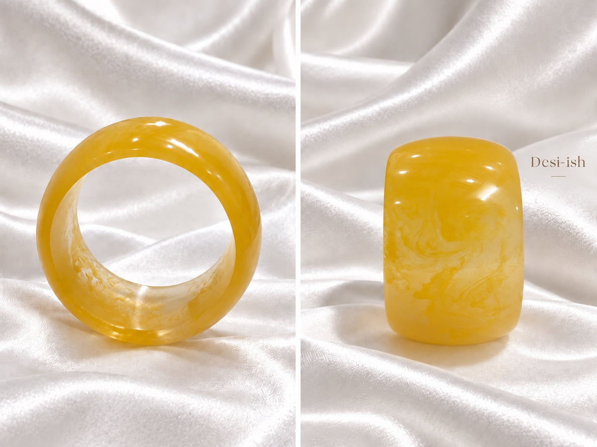 Desi-ish chunky marbled resin bangle in Golden Yellow, front and side views