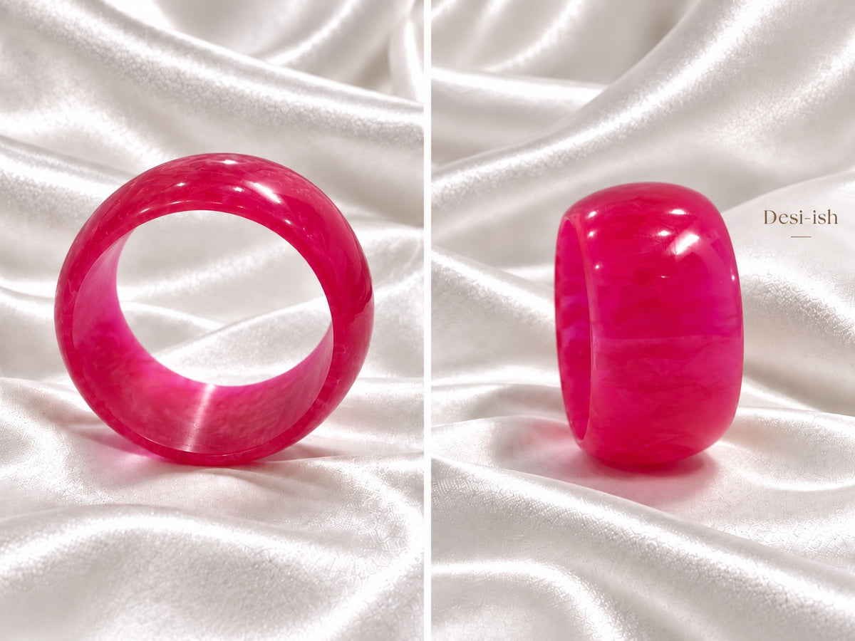 Desi-ish chunky marbled resin bangle in Hot Pink, front and side views