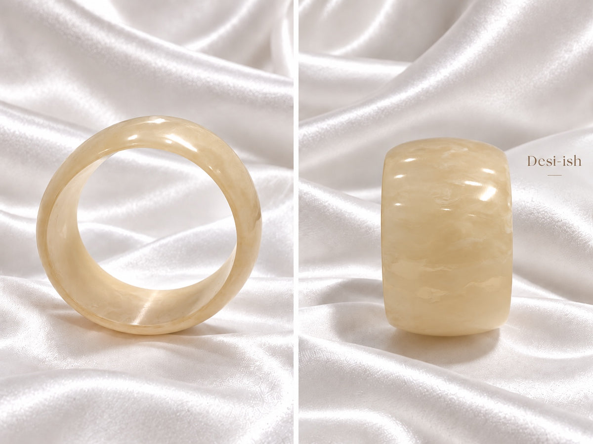 Desi-ish chunky marbled resin bangle in Pearl Cream, front and side views
