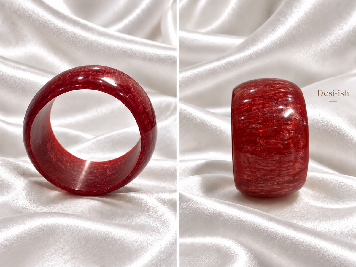 Desi-ish chunky marbled resin bangle in Ruby Red, front and side views