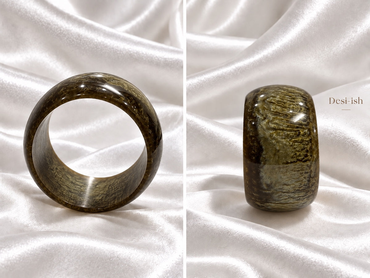 Desi-ish chunky marbled resin bangle in Smoky Olive, front and side views