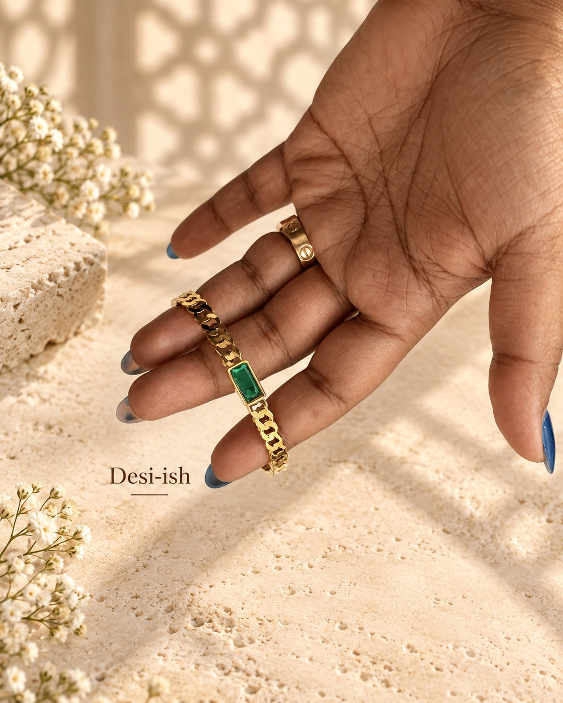 Desi-ish emerald green stone chain anti-tarnish bracelet