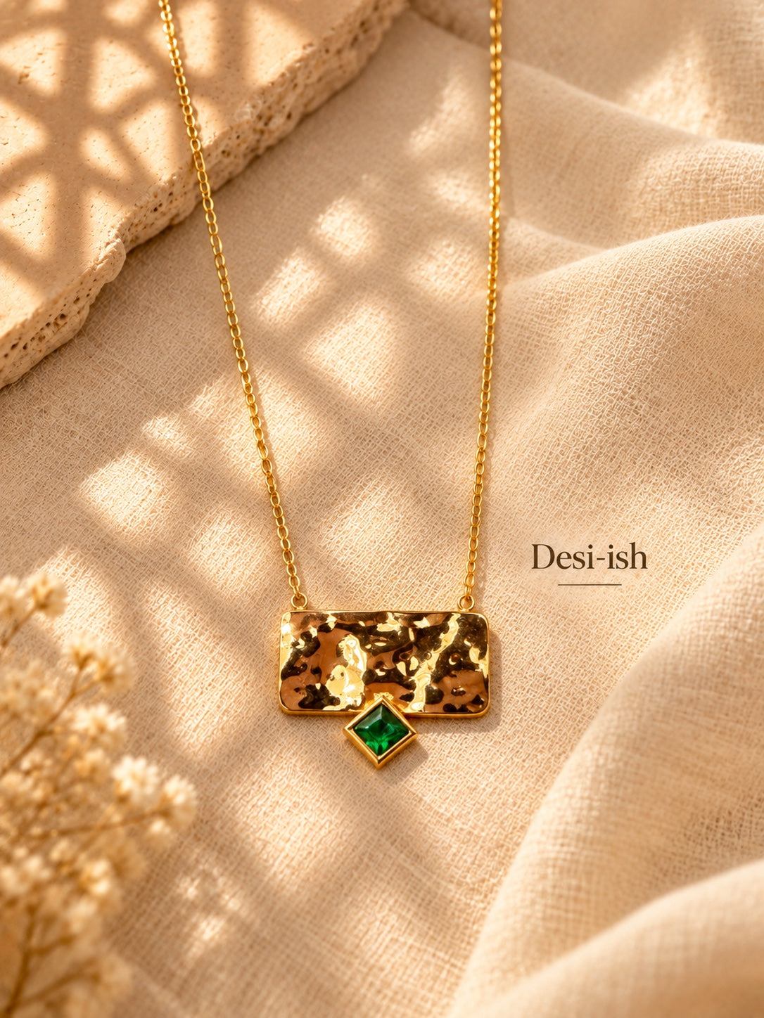 Desi-ish Emerald Hammered Pendant Necklace flat lay