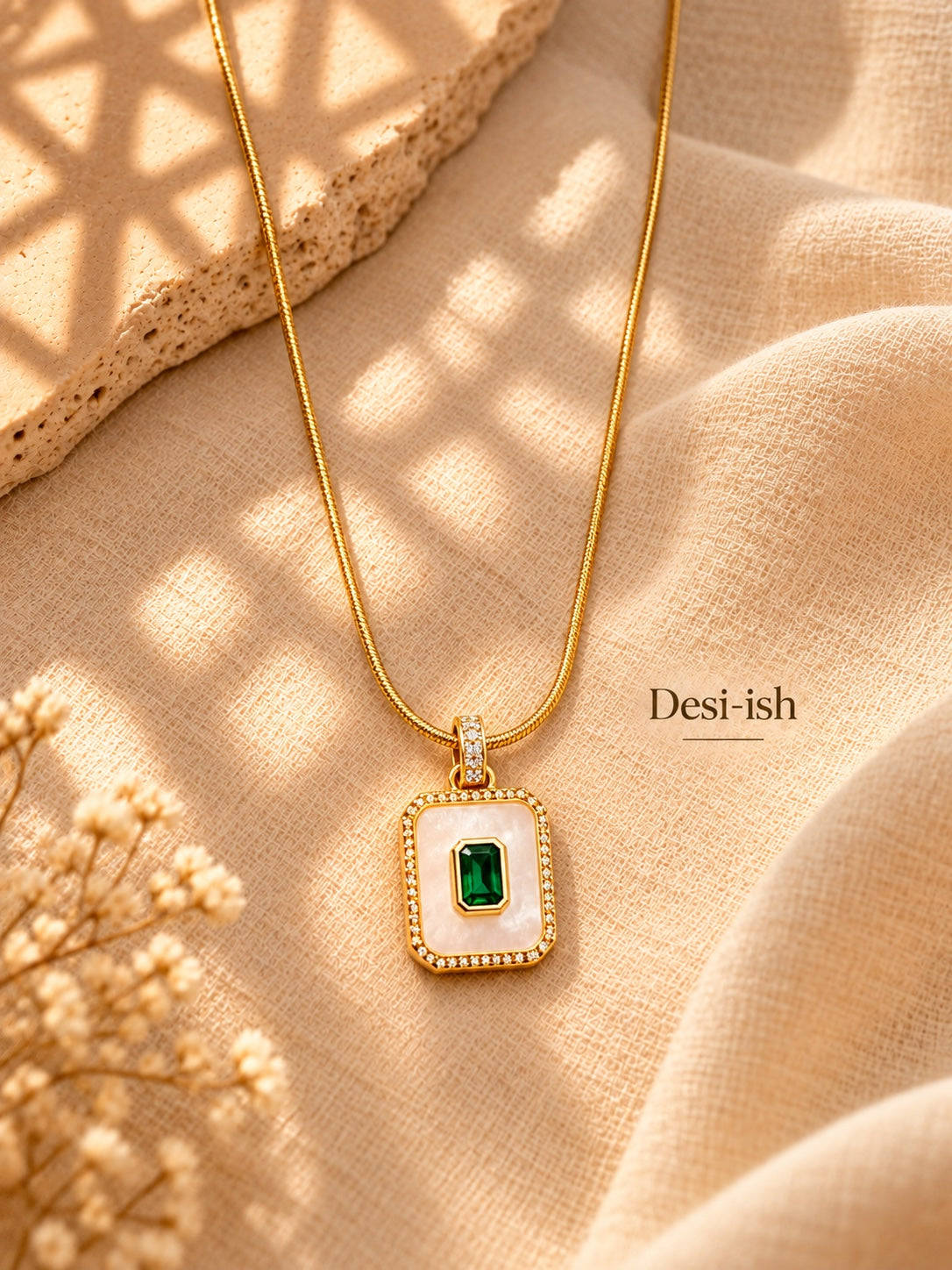 Desi-ish Emerald Pearl Frame Necklace flat lay