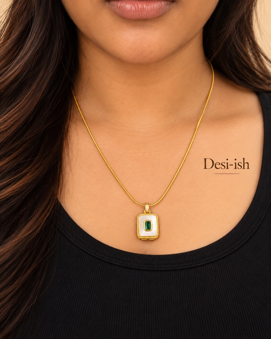 Desi-ish Emerald Pearl Frame Necklace styled on model