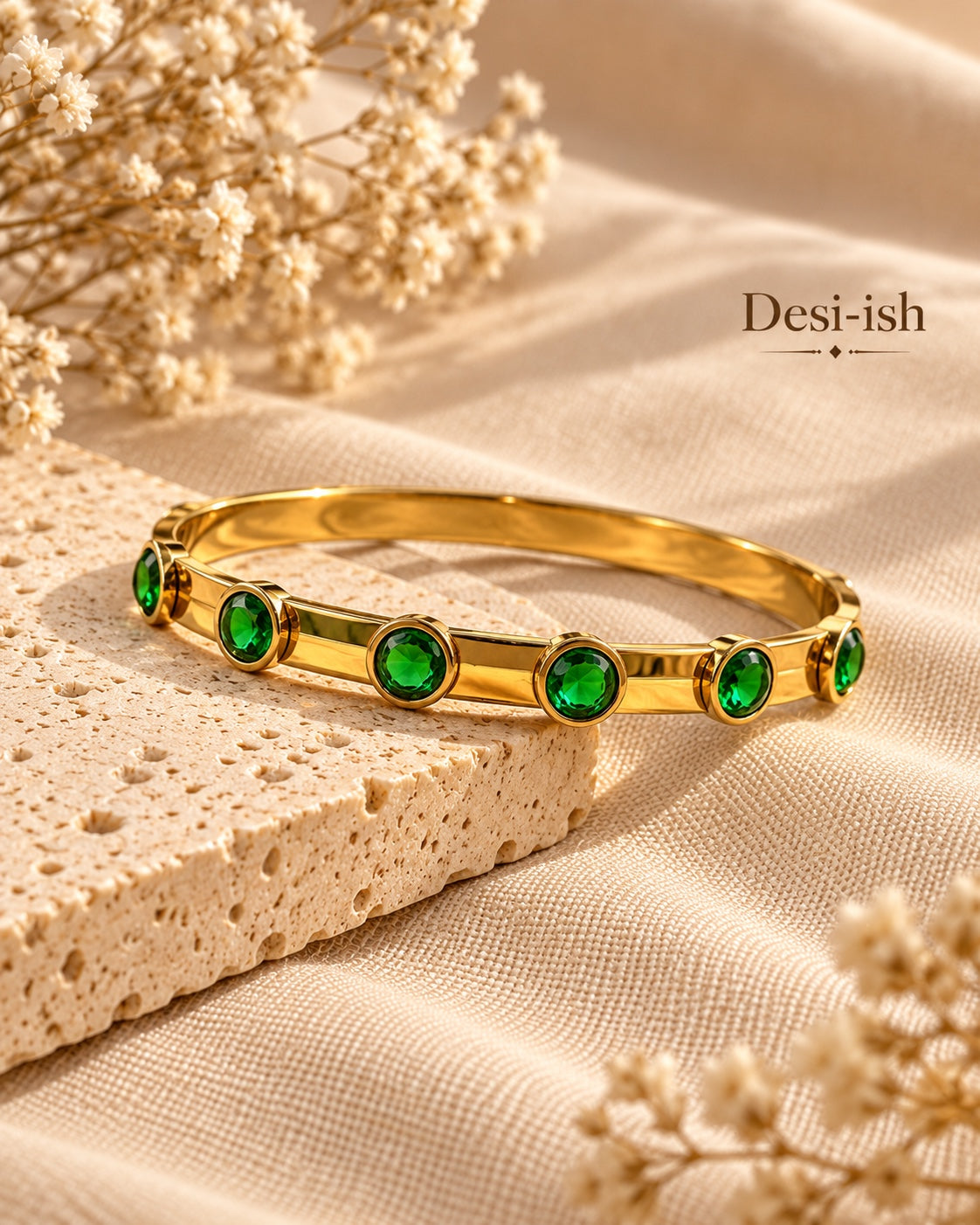 Desi-ish emerald round stone anti-tarnish kada