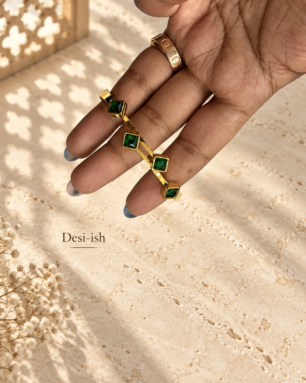 Desi-ish emerald green square stone anti-tarnish cuff