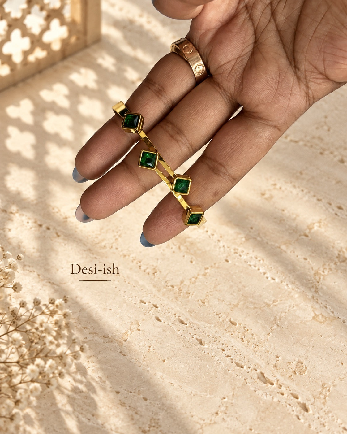 Desi-ish emerald green square stone anti-tarnish cuff