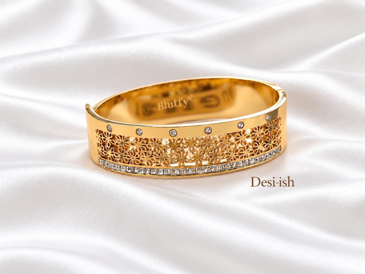 Floral lace crystal gold-tone kada on white satin
