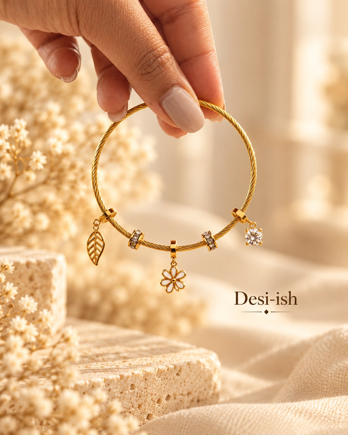 Desi-ish floral leaf charm anti-tarnish bracelet