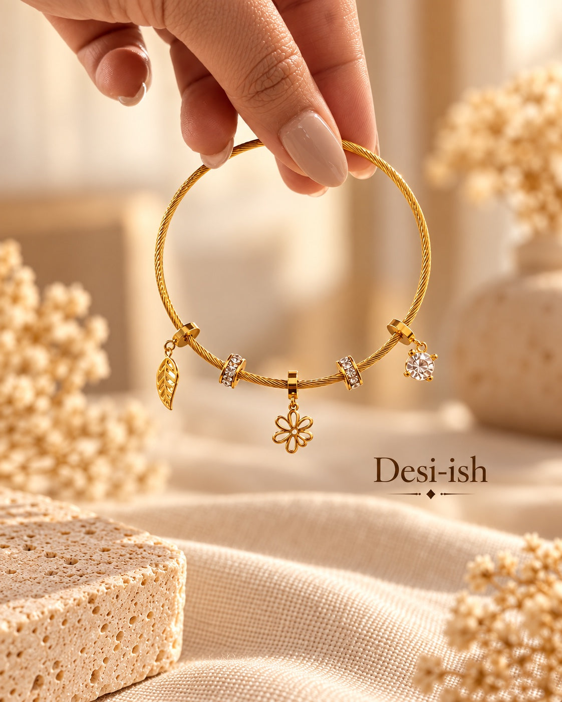 Desi-ish floral leaf charm anti-tarnish bracelet alternate view