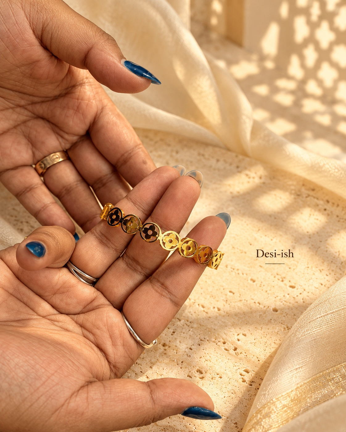 Desi-ish floral motif anti-tarnish kada hand view
