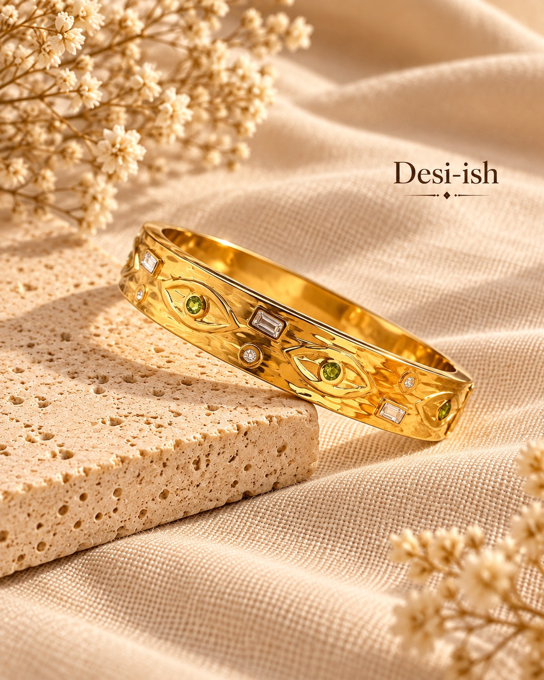 Desi-ish green eye crystal anti-tarnish kada angled view
