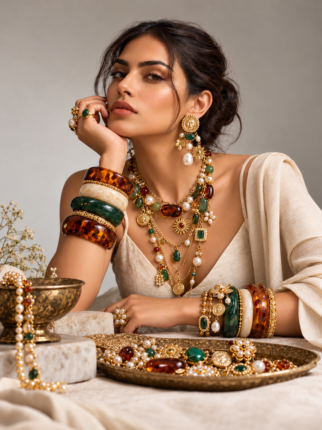 Desi-ish editorial jewellery styling with layered necklaces and stacked bangles