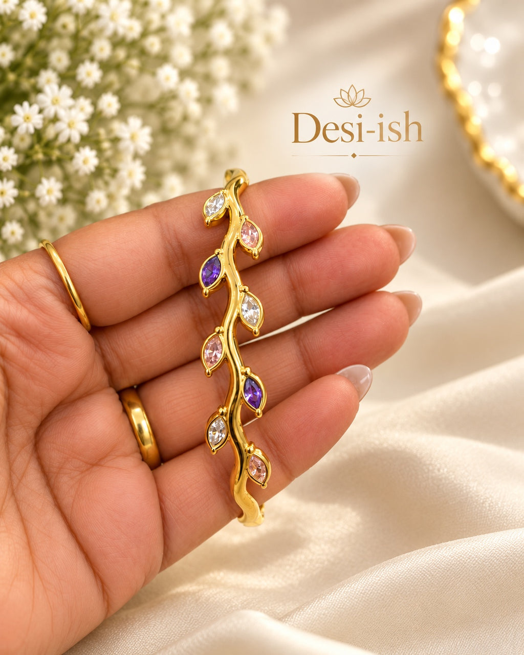 Desi-ish multicolour leaf vine anti-tarnish kada in hand
