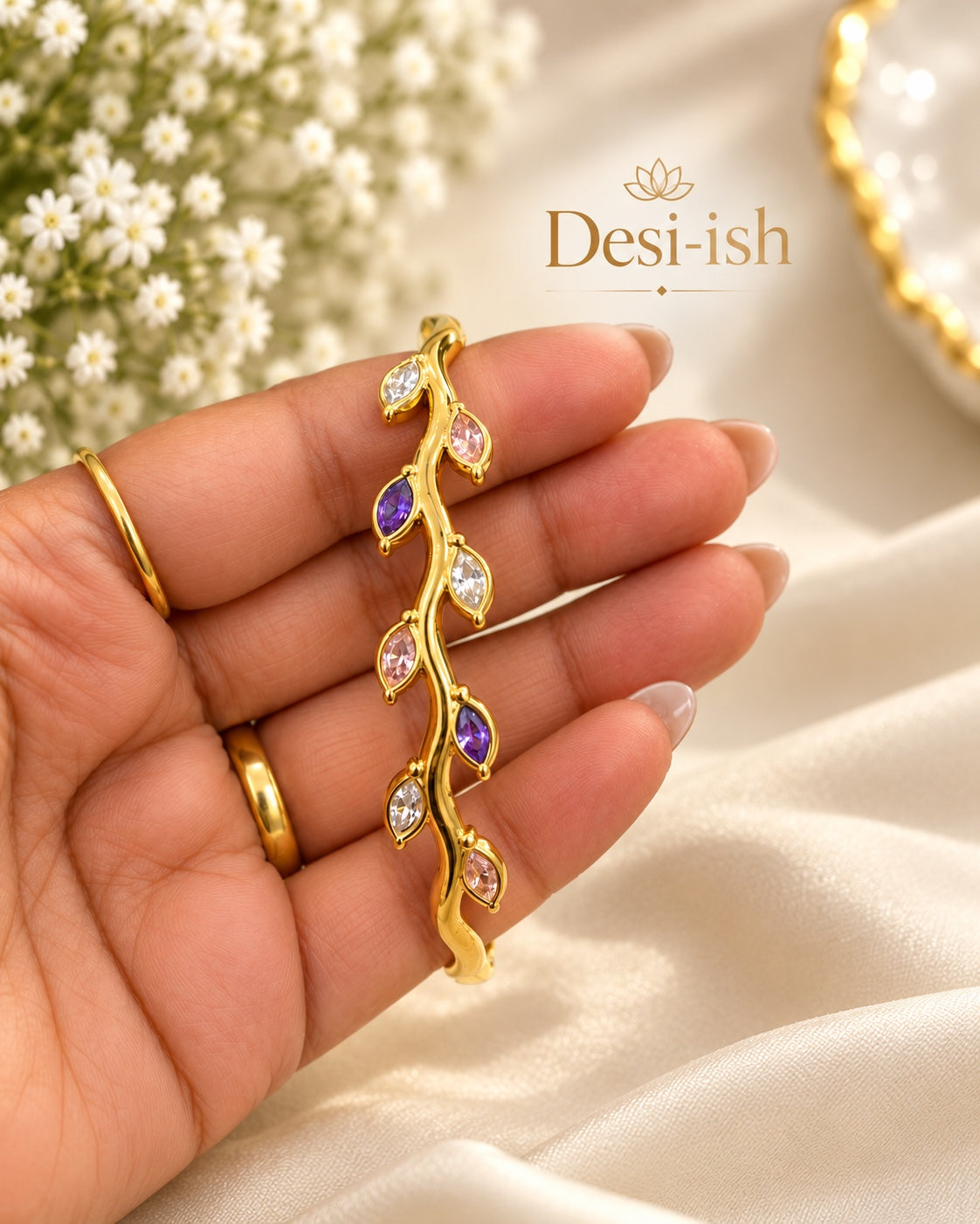 Desi-ish multicolour leaf vine anti-tarnish kada in hand