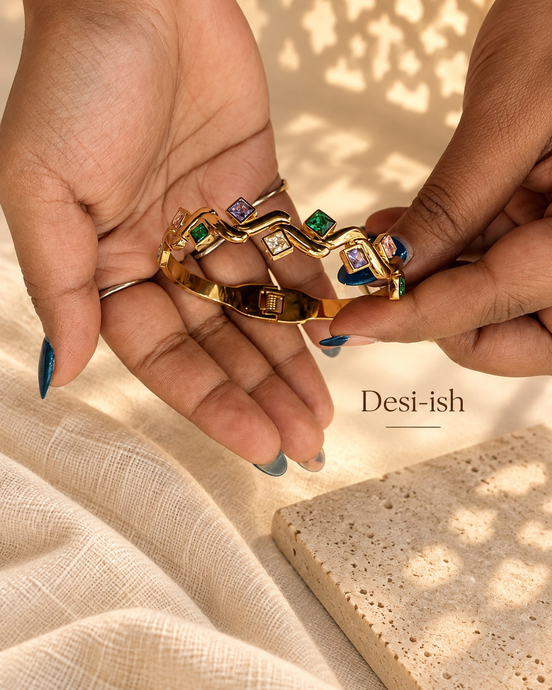 Desi-ish multicolour square stone wave anti-tarnish kada