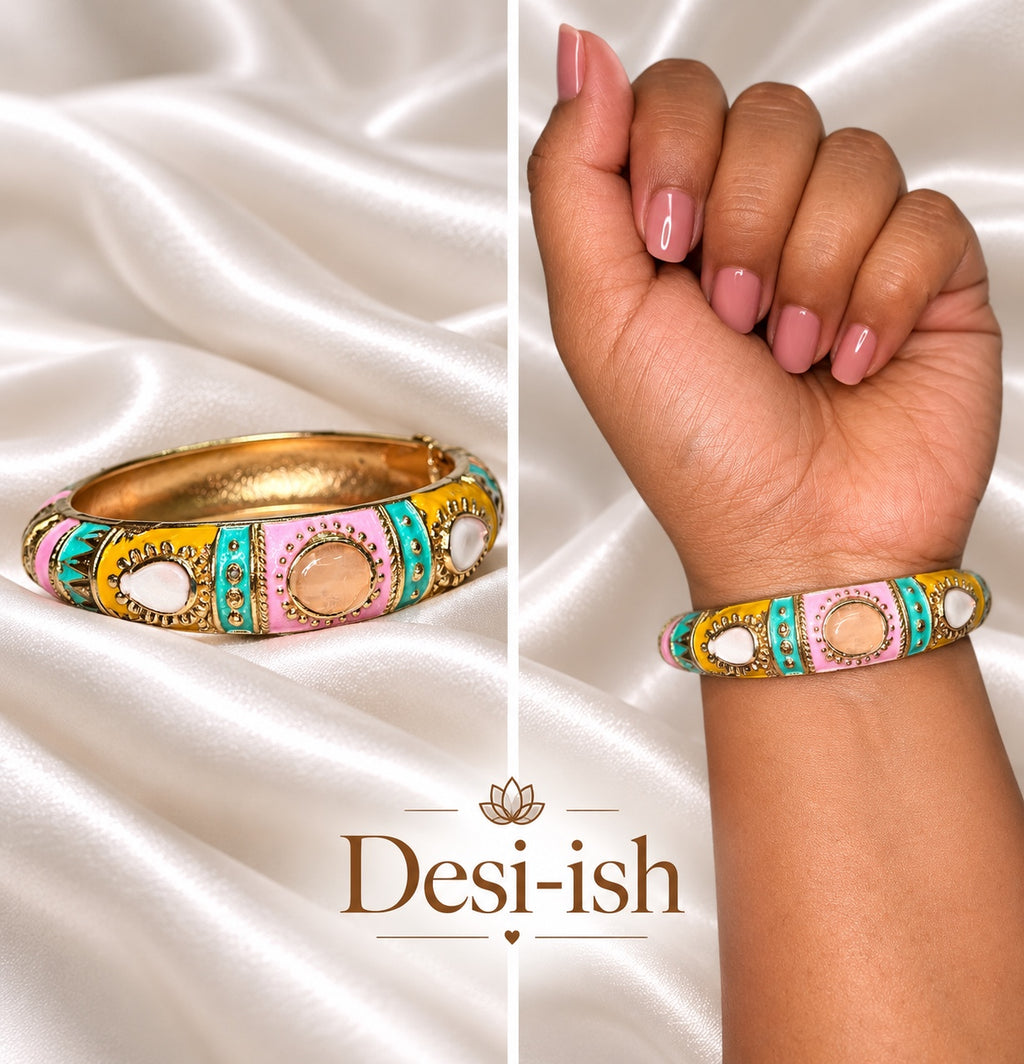 Navratri enamel kada pastel pink & yellow product and wrist view