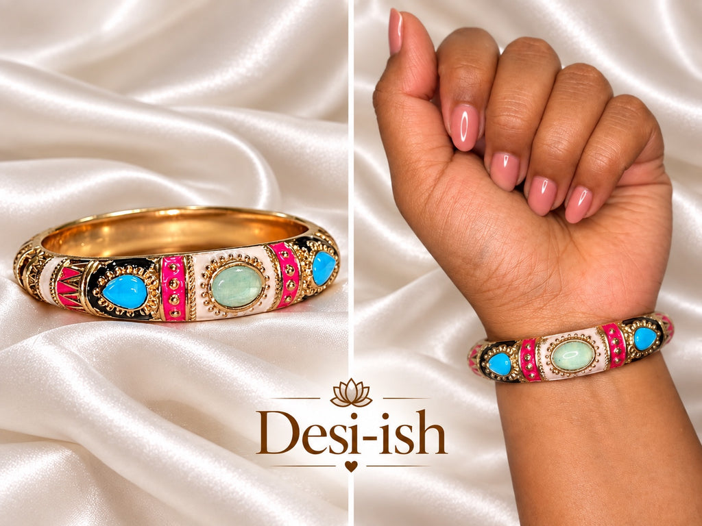 Navratri enamel kada pink & turquoise product and wrist view