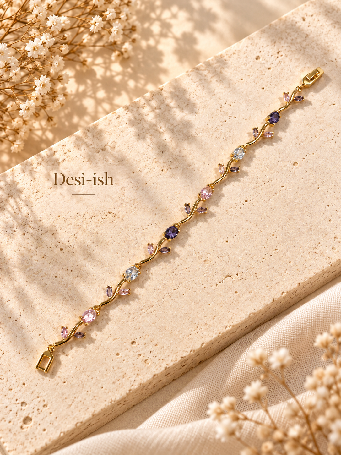 Multicolour Stone Tulip Anti-Tarnish Bracelet in pastel mix by Desi-ish