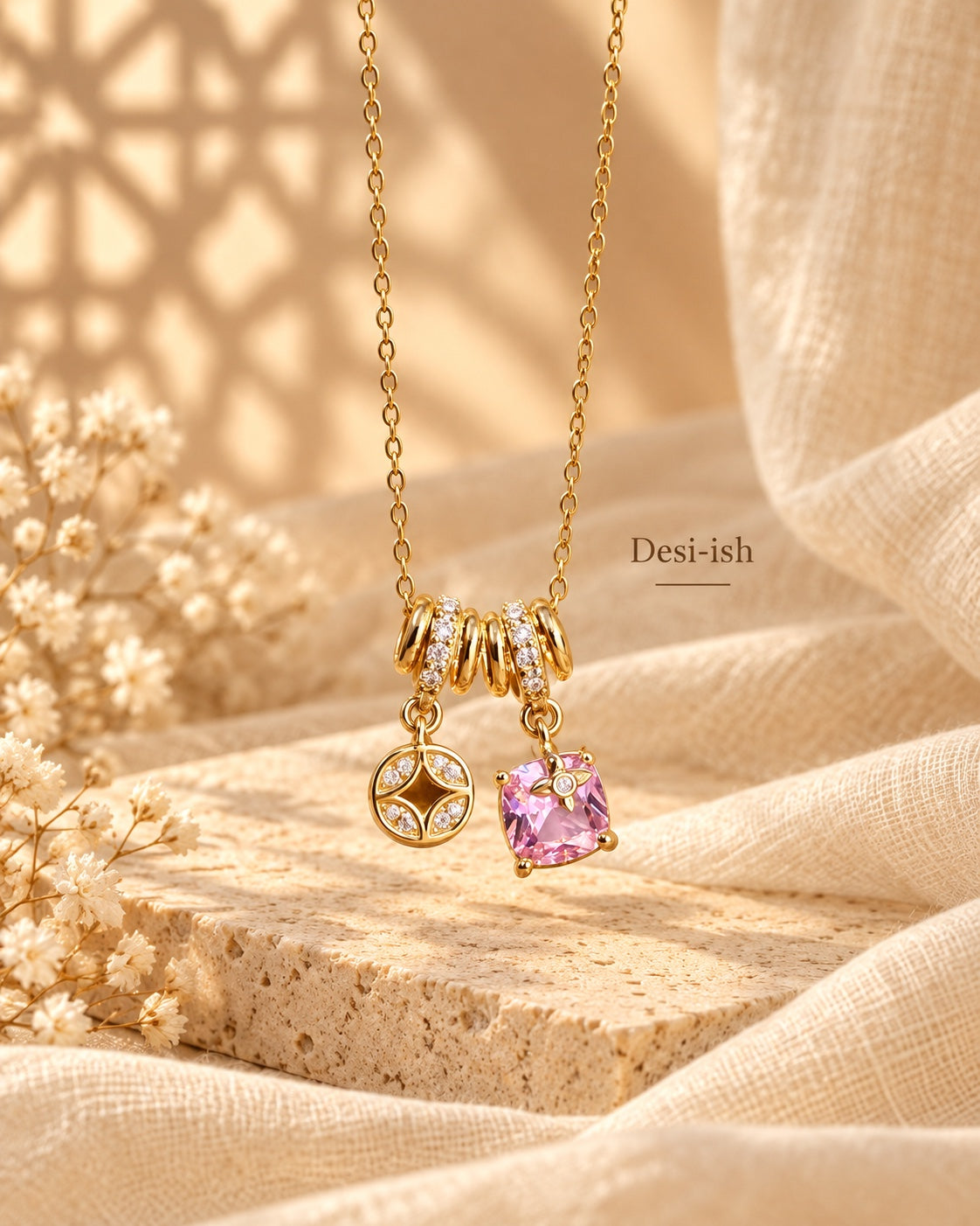 Desi-ish Pink Spark Charm Necklace flat lay