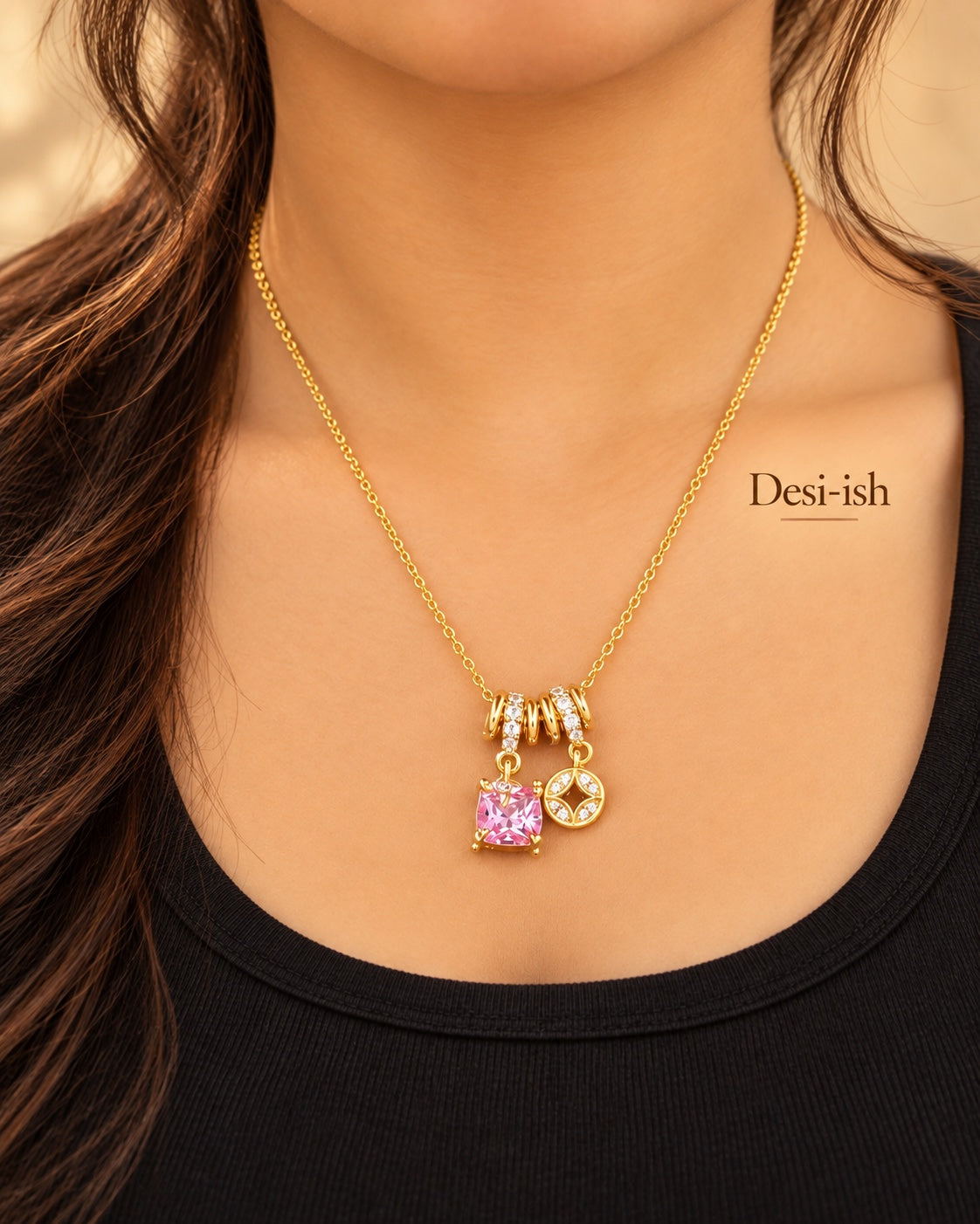 Desi-ish Pink Spark Charm Necklace styled on model