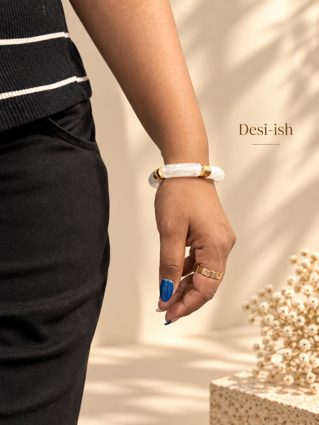 White Ivory Resin Bamboo Bracelet lifestyle view