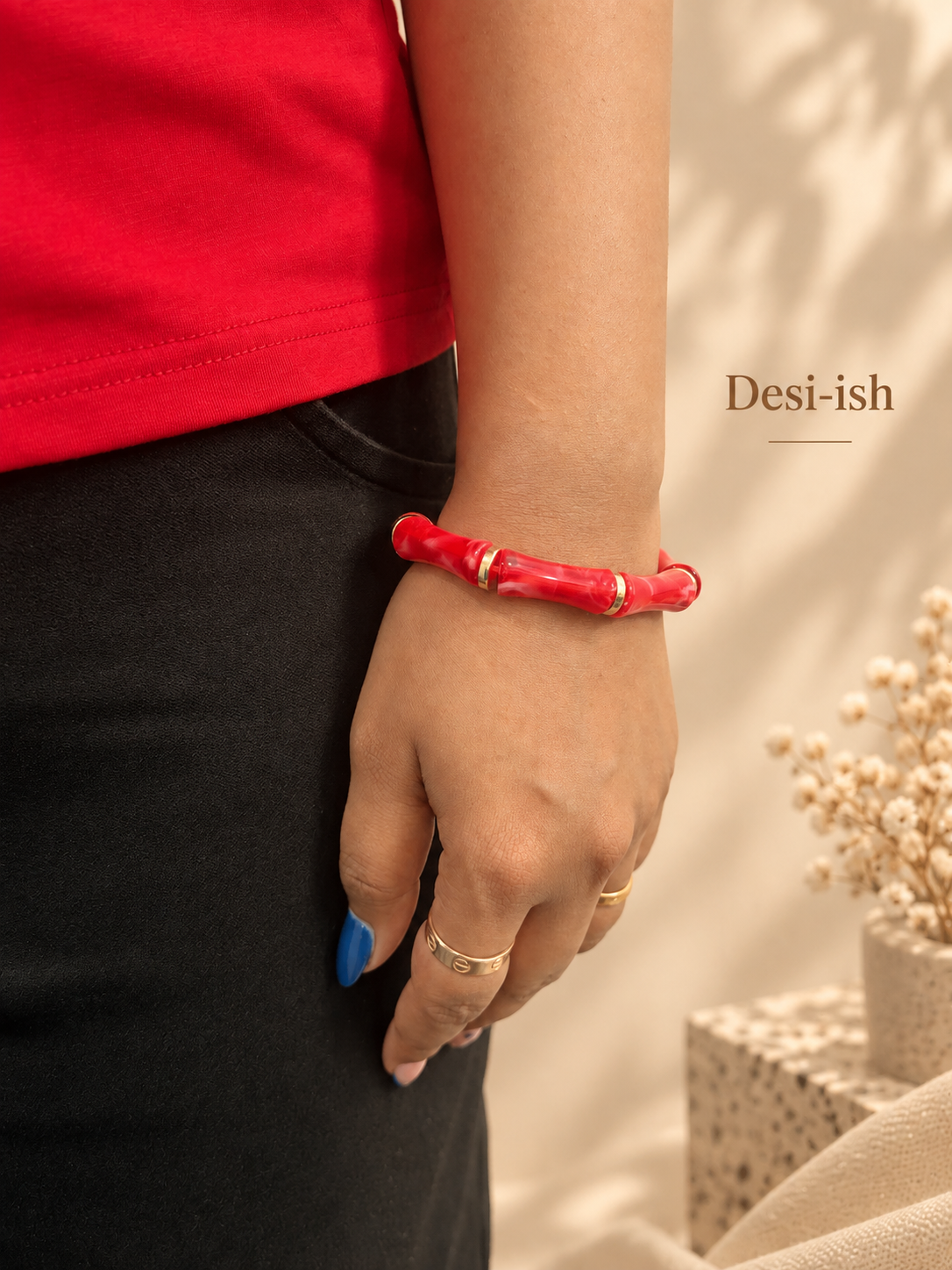 Red Resin Bamboo Bracelet lifestyle view
