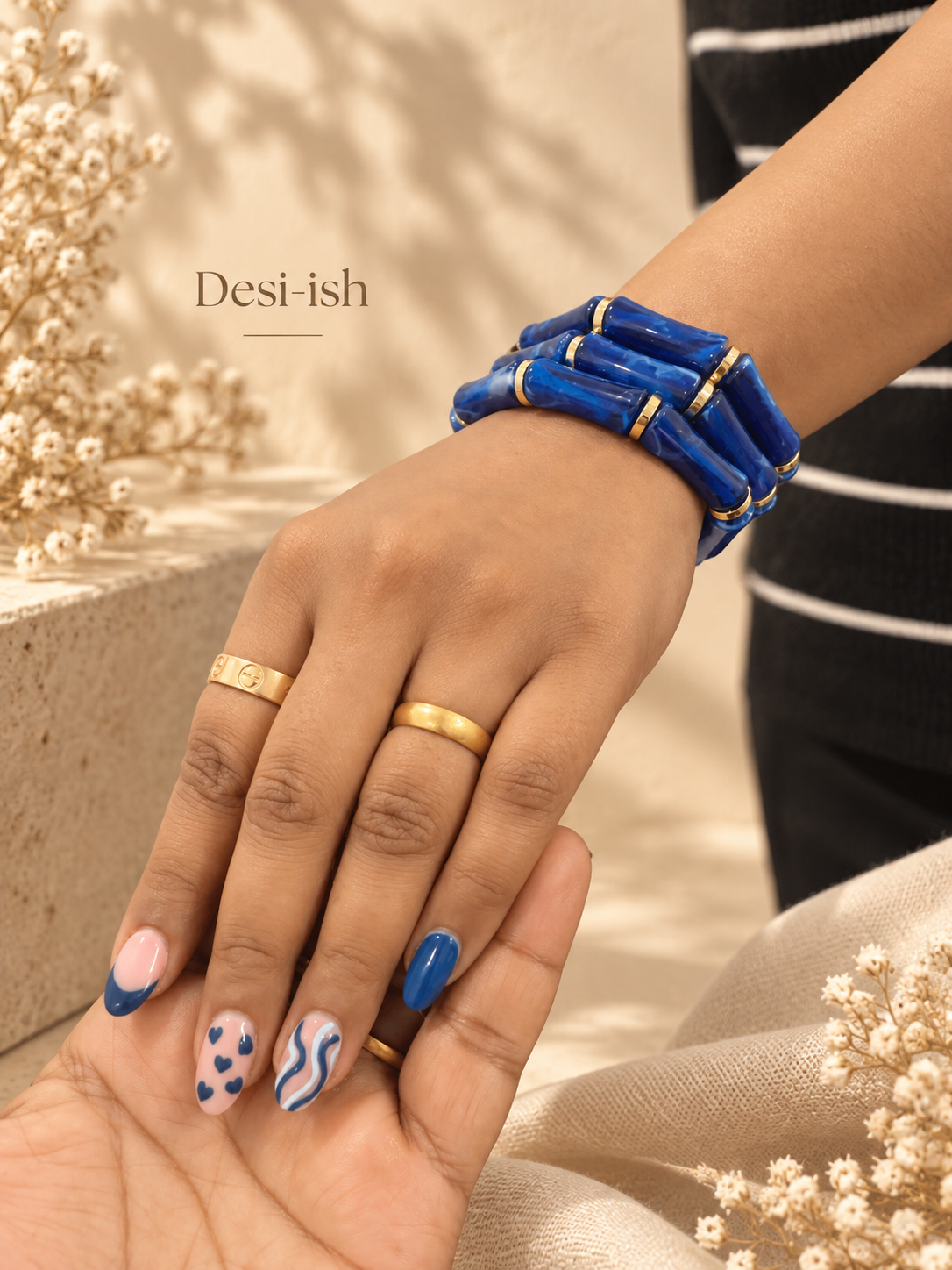 Blue Resin Bamboo Bracelets worn as a stack