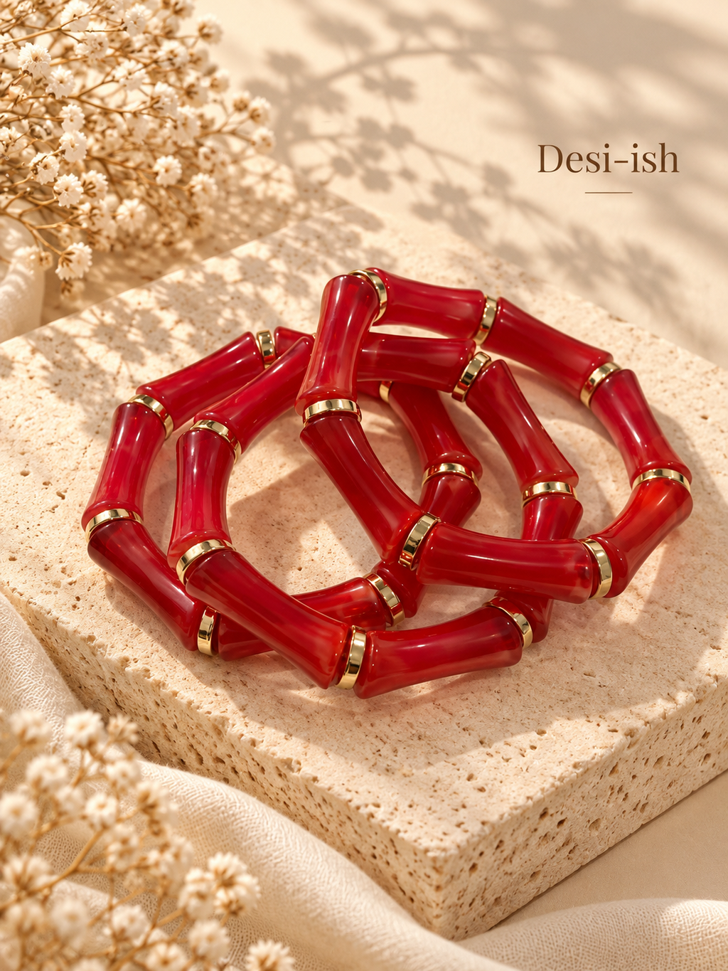 Red Resin Bamboo Bracelet stack by Desi-ish