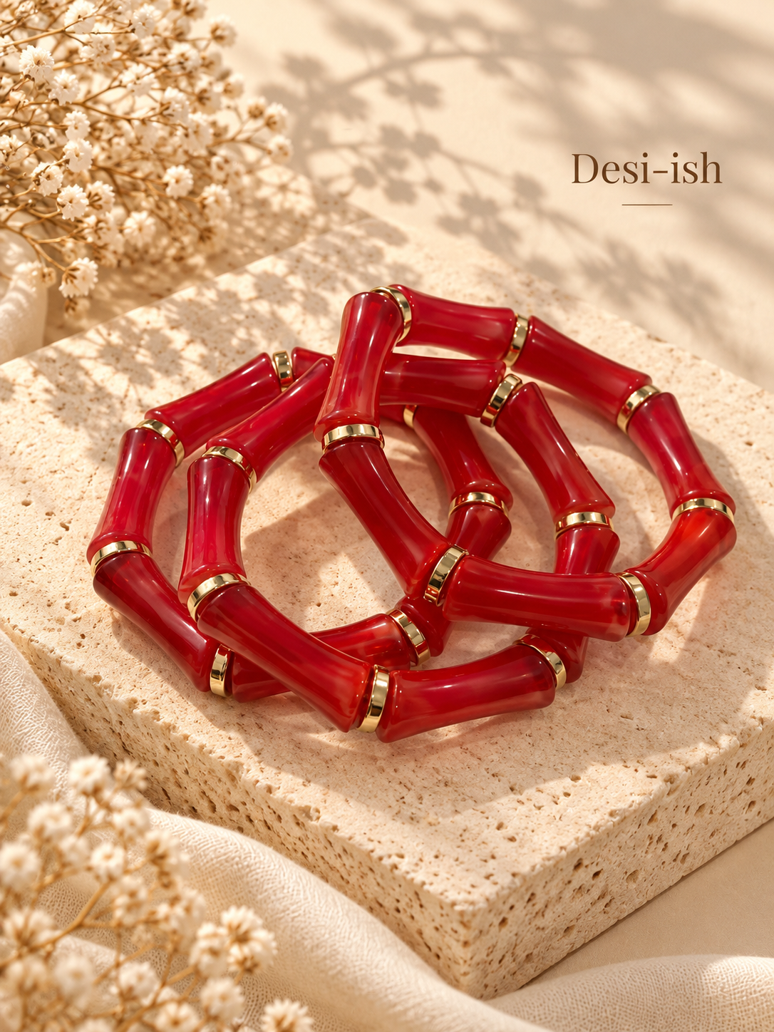 Red Resin Bamboo Bracelet stack by Desi-ish