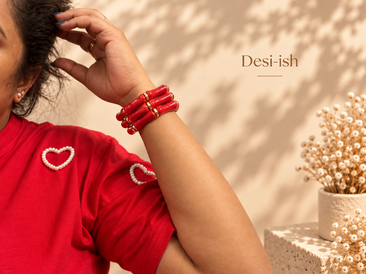 Red Resin Bamboo Bracelets worn as a stack