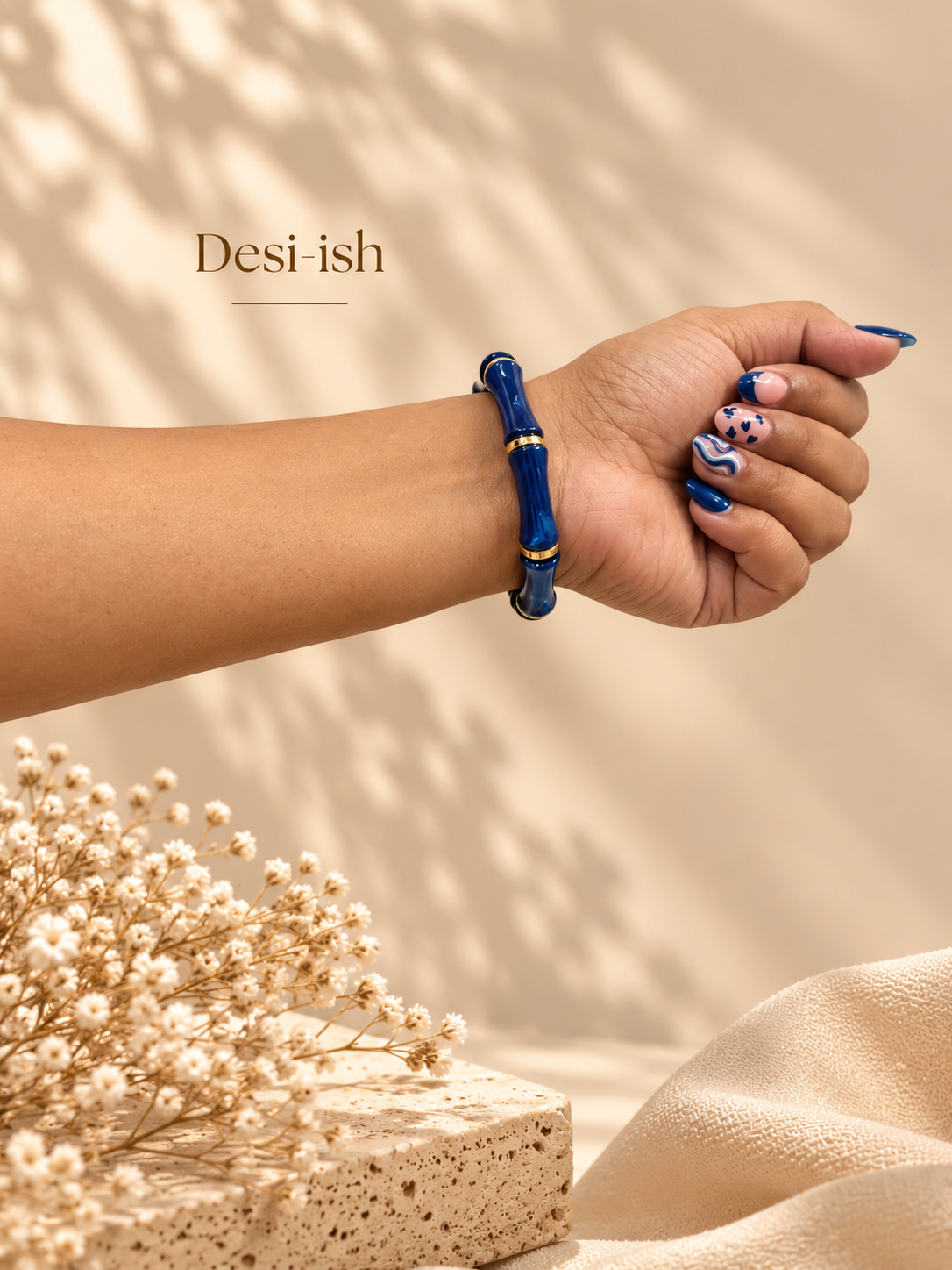 Blue Resin Bamboo Bracelet worn on wrist