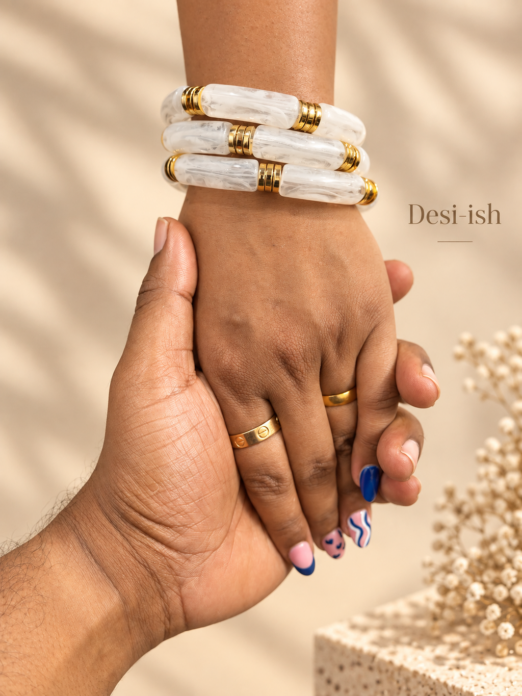 White Ivory Resin Bamboo Bracelets worn as a stack
