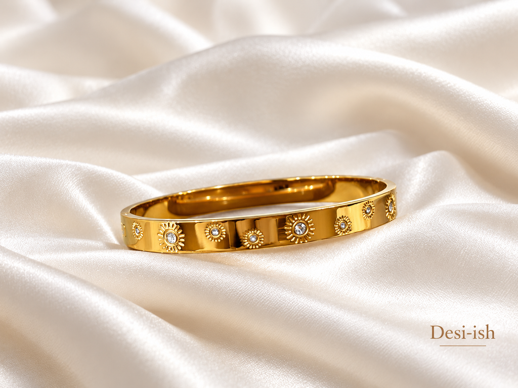 Sunburst crystal kada on white satin, angled view