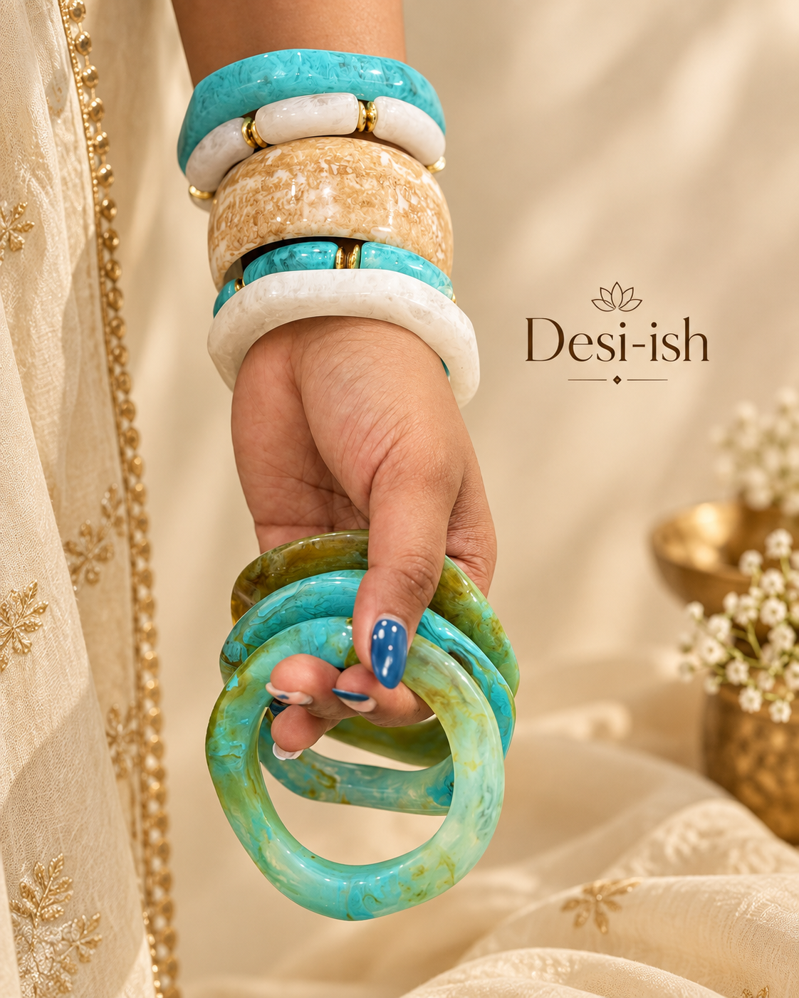Desi-ish turquoise ivory resin statement stack of 5
