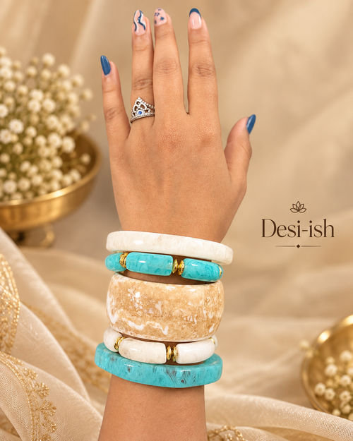 Desi-ish turquoise ivory resin statement stack of 5 styled on hand