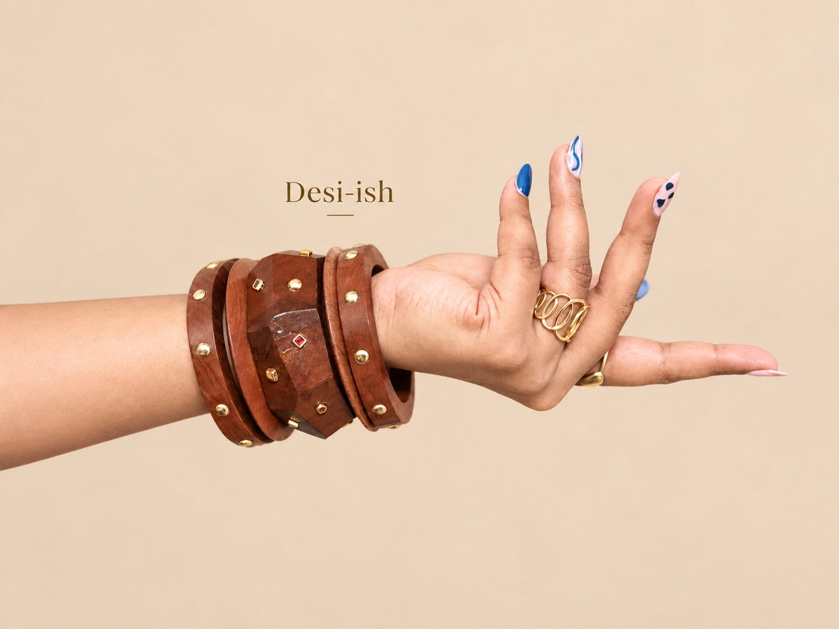 Desi-ish wooden statement bangle stack of 5 styled on hand