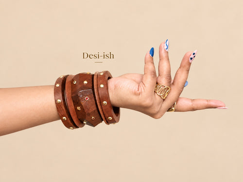 Desi-ish wooden statement bangle stack of 5 styled on hand