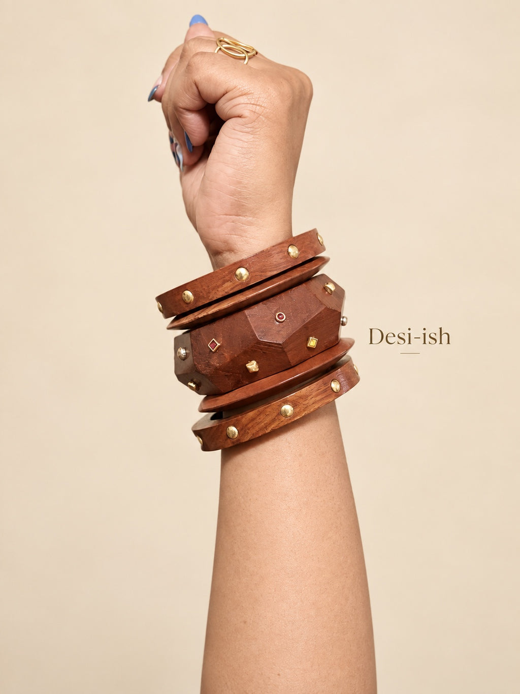 Desi-ish wooden statement bangle stack of 5
